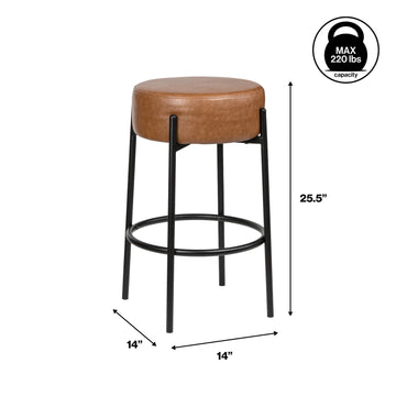 Paola Modern Minimalist Round Backless Metal/Vegan Leather Cushioned Bar Stool - JONATHAN Y